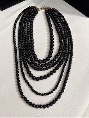 Vintage Black Multi-Strand Beaded Necklace - Elegant Layered Jewelry